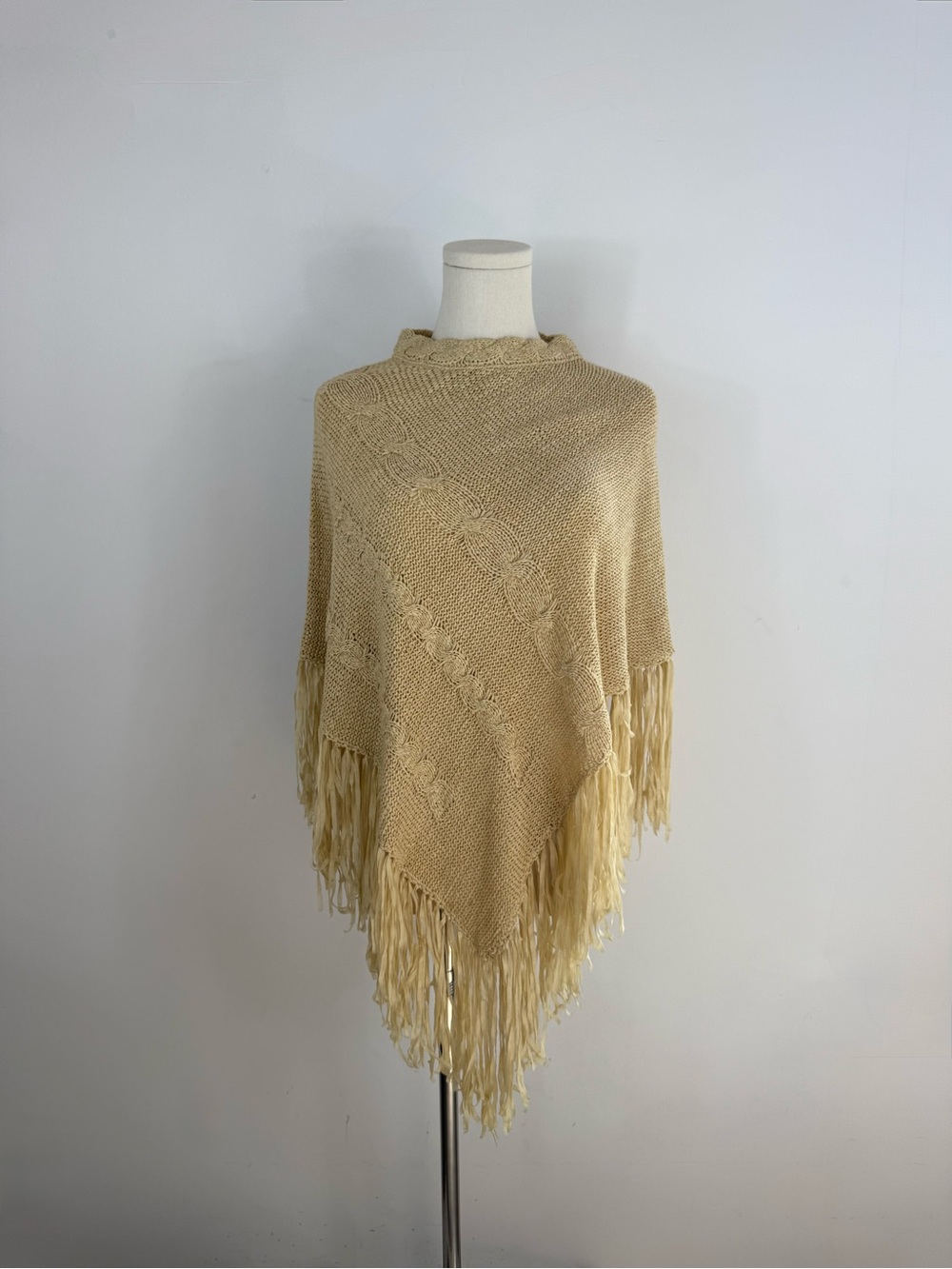 Vintage Cream Cable Knit Fringe Poncho | One Size